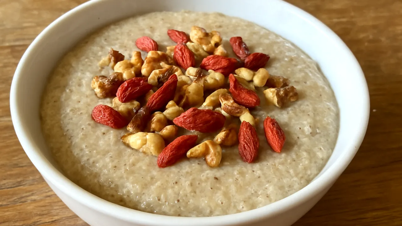 Amaranth-Pudding mit gerösteten Walnüssen und Goji-Beeren"