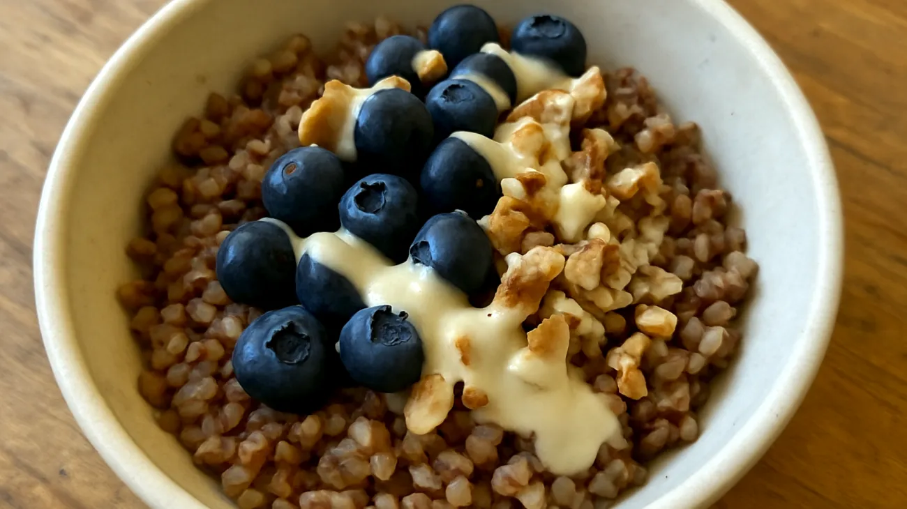 Buchweizen-Blaubeeren-Bowl mit Walnüssen und Tahini"
