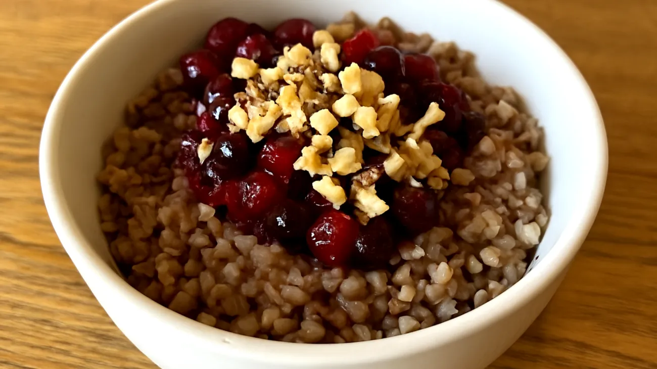 Buchweizen-Porridge mit fermentierten Beeren und Walnüssen"
