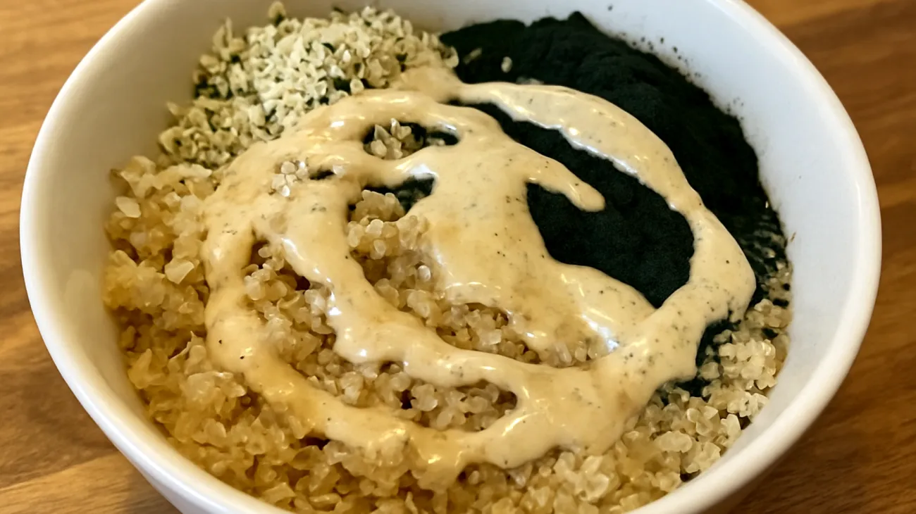 Hanfsamen-Quinoa-Bowl mit Spirulina und Tahini"