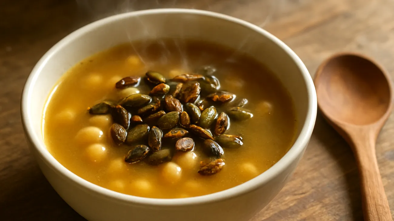 Kichererbsen-Miso-Brühe mit gerösteten Kürbiskernen"