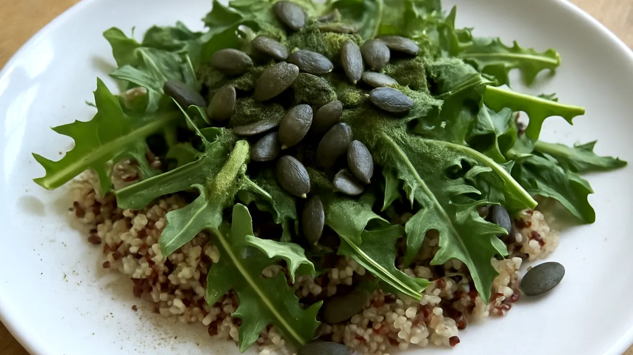 Löwenzahn-Quinoa-Salat mit Brennnesselpulver und Kürbiskernen"