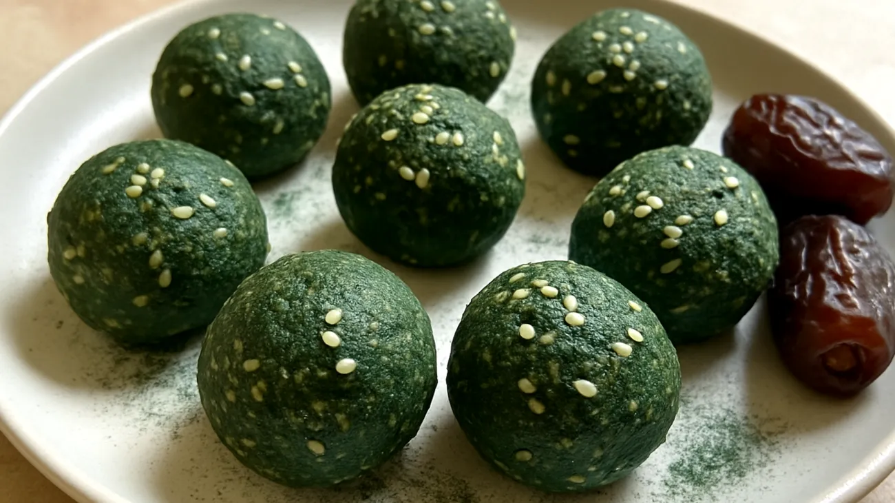 Mandel-Sesam-Energiebällchen mit Spirulina und Datteln"