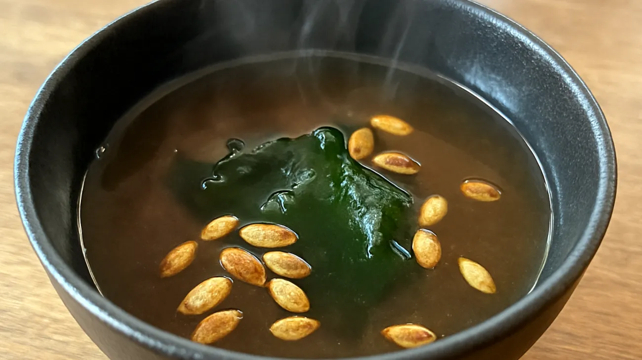 Miso-Suppe mit Wakame-Algen und gerösteten Kürbiskernen"