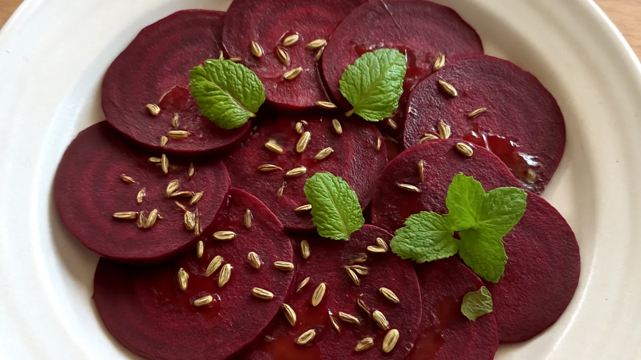Rote-Bete-Carpaccio mit Fenchelsamen und Zitronenmelisse"