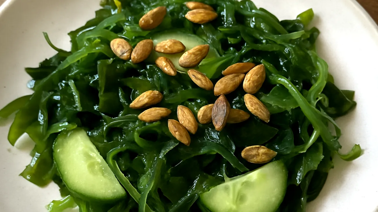 Wakame-Gurken-Salat mit gerösteten Kürbiskernen"