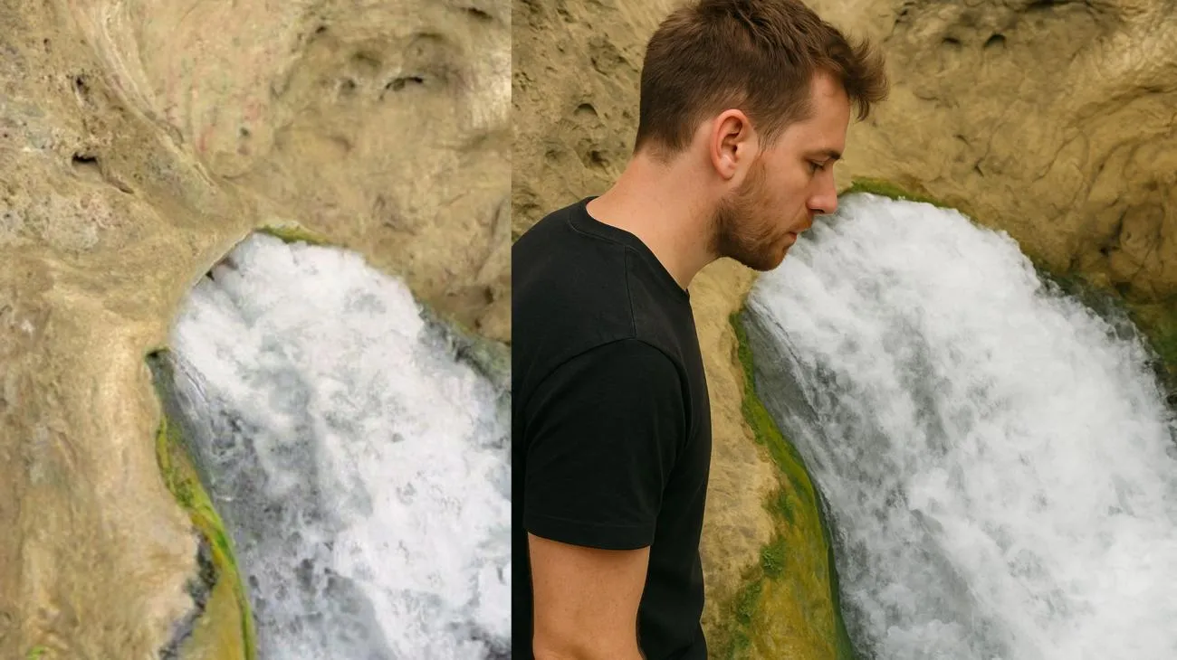 Person rutscht Wasserfall hinunter"